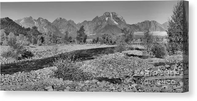 Spread Creek Canvas Print featuring the photograph Streaming Toward The Tetons Black And White by Adam Jewell