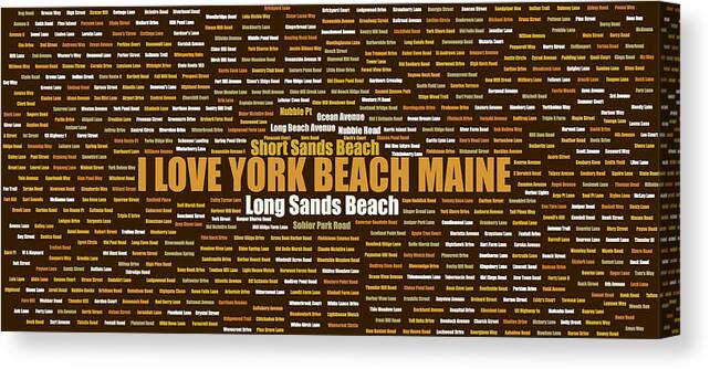 York Beach Maine Canvas Print featuring the digital art York Beach Maine Street Name Wordcloud Brown by David Smith
