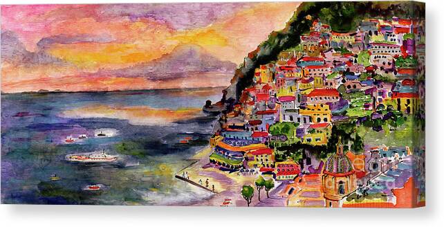 Paintings Of Italy Canvas Print featuring the painting Positano Italy Amalfi Coast Panorama 2 by Ginette Callaway