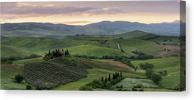 Italy Canvas Print featuring the photograph Sunrise over the Val D'Orcia, Tuscany, Italy by Sarah Howard