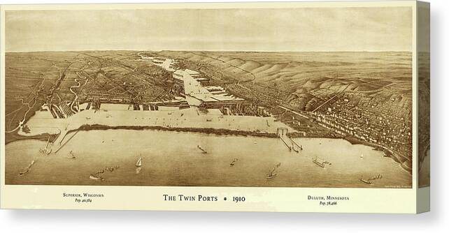 Twin Ports Canvas Print featuring the drawing Twin Ports 1910, Sepia by Henry Wellge