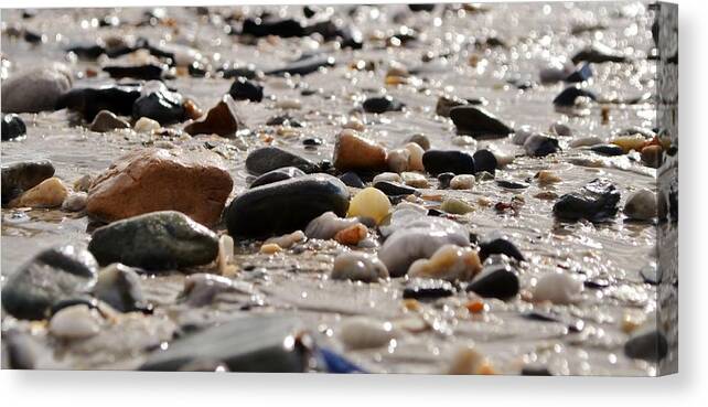 Pebbles; Beach; Sand; Colorful; Atlantic Ocean; South Africa; Wet; Water; Stones; Quarz; Background; Black; Close Up; Decorative; Detail; Green; Grey; Red; Canvas Print featuring the photograph Beach Pebbles #1 by Werner Lehmann