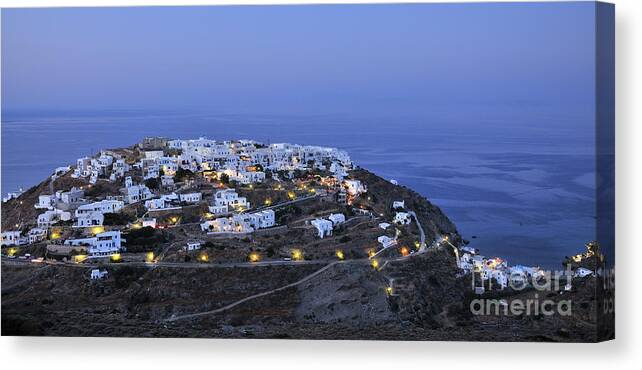 Sifnos; Kastro; Castro; Village; Town; Seralia; Beach; White; Houses; Dusk; Twilight; Night; Lights; Greece; Greek; Hellas; Cyclades; Kyklades; Aegean; Islands; Holidays; Vacation; Travel; Trip; Voyage; Journey; Tourism; Touristic; Island; Summer; Sea Canvas Print featuring the photograph Kastro village in Sifnos island #6 by George Atsametakis