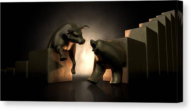 Bull Market Canvas Print featuring the digital art Bull And Bear Market Statues by Allan Swart