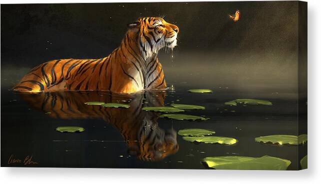 Tiger Canvas Print featuring the digital art Butterfly Contemplation by Aaron Blaise