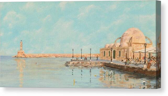 Chania Canvas Print featuring the painting Chania harbour and Mosque in January by David Capon