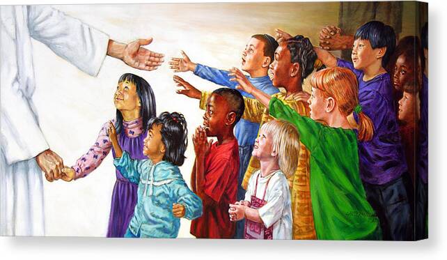 Jesus Canvas Print featuring the painting Children Coming to Jesus by John Lautermilch