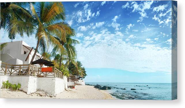 Water's Edge Canvas Print featuring the photograph Coconut Palms And Beach At Mauritius by Narvikk