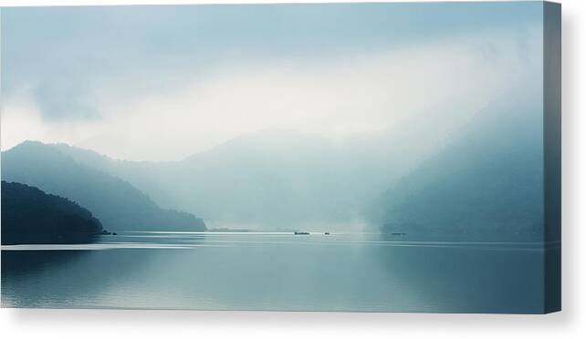 Tranquility Canvas Print featuring the photograph Foggy Sun Moon Lake In The Early Morning by Jeanl Photography