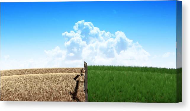 Grass Canvas Print featuring the digital art Green Pastures With Fence by Allan Swart