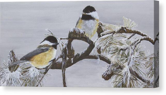 Song Birds Canvas Print featuring the painting Ice Storm Chickadees by Johanna Lerwick
