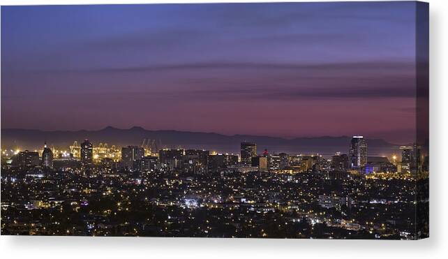 Blue Hour Canvas Print featuring the photograph Long Beach City and Catalina Island By Denise Dube by Denise Dube