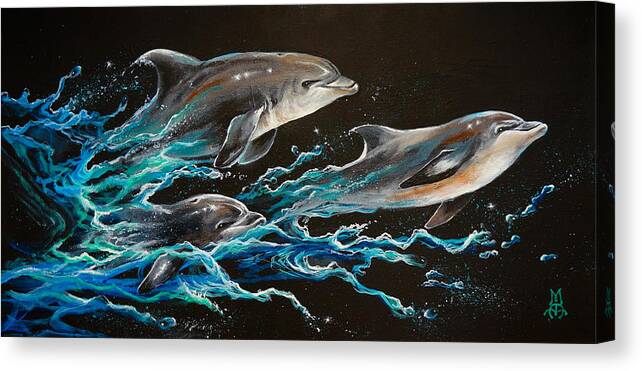Dolphin Canvas Print featuring the painting Out of the Blue by Marco Aguilar