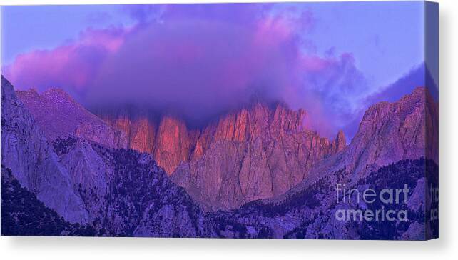 Eastern Sierras Canvas Print featuring the photograph Panorama Alpenglow on Mount Whitney Eastern Sierras California by Dave Welling