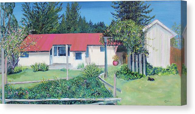 Landscape Painting Canvas Print featuring the painting Spring Garden with Lula Cat by Asha Carolyn Young