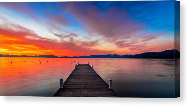 Sunset Sunrise Lake Tahoe California Lake Clear Water Mountain Lake Boat Pier Nevada Yellow Red Blue Reflection Beautiful Evening Peaceful South Lake Tahoe Canvas Print featuring the photograph Sunset Walkway by Edgars Erglis