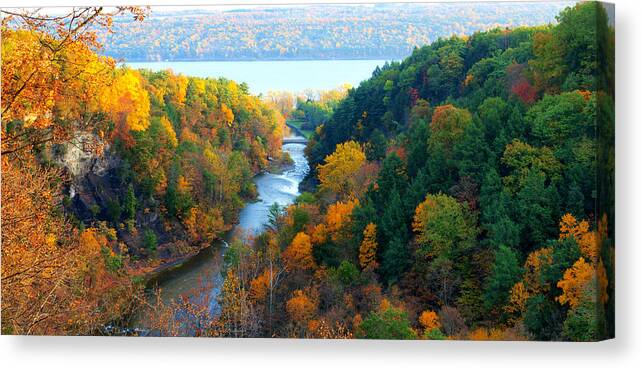 Taughannock Canvas Print featuring the photograph Taughannock river canyon in colorful autumn Ithaca New York Panoramic Photography by Paul Ge