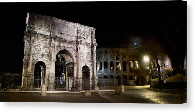 Rome Canvas Print featuring the photograph The Arch of Constantine and the Colosseum at night by Weston Westmoreland