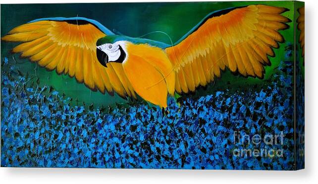 Macaw Canvas Print featuring the painting Macaw On The Rise by Preethi Mathialagan