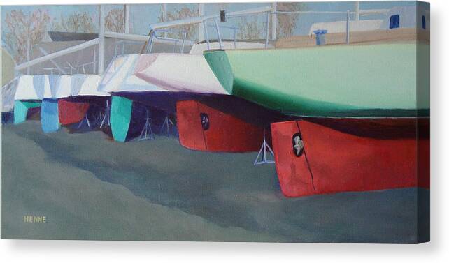 Sailboats Canvas Print featuring the painting Boat Yard Island Heights by Robert Henne