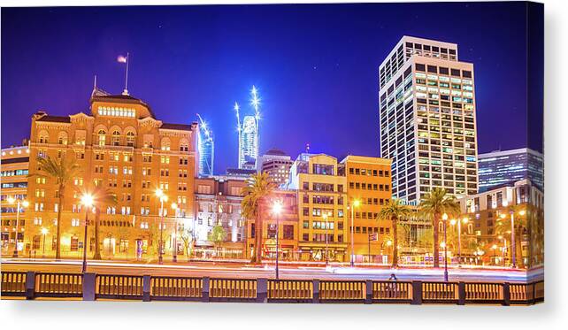 Night Canvas Print featuring the photograph San Francisco Downtown City Skyline At Night #6 by Alex Grichenko