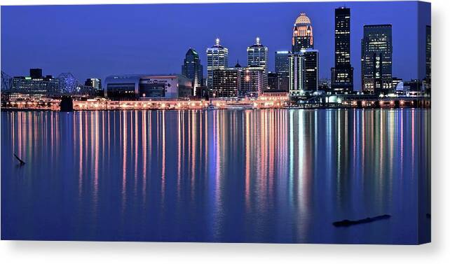 Louisville Canvas Print featuring the photograph Blue Hour Louisville Lights by Frozen in Time Fine Art Photography