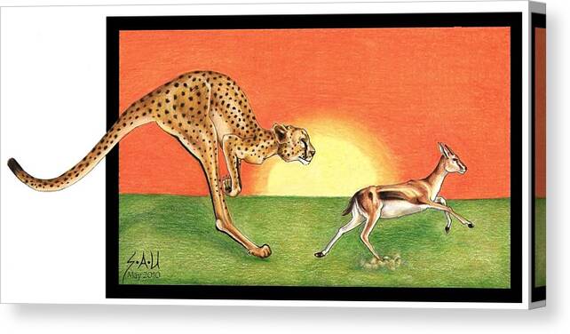 Cheetah Canvas Print featuring the drawing Cheetahroo on the Hunt by Sheryl Unwin