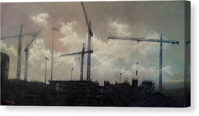 Cranes Canvas Print featuring the painting Cranes and construction by Tomas Castano