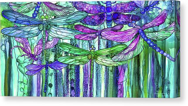 Carol Cavalaris Canvas Print featuring the mixed media Dragonfly Bloomies 4 - Purple by Carol Cavalaris