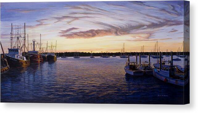 Marine Art Canvas Print featuring the painting Dusk at Stonington Harbor by Bruce Dumas