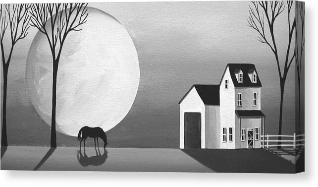 Art Canvas Print featuring the painting Moon Grazing - folk art black white by Debbie Criswell
