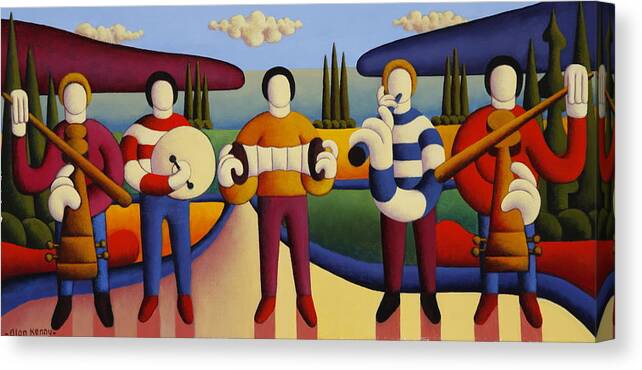 Irish Contemporary Canvas Print featuring the painting Music Trad Session With Five Soft Musicians by Alan Kenny