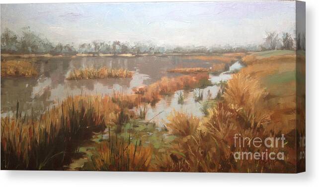 Fog Canvas Print featuring the painting Pondering on a Pond by Nancy Parsons