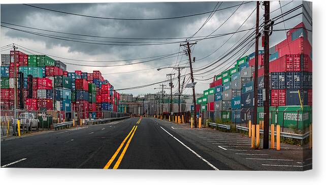 377 Port Elizabeth Commercial Industrial Urban Cityscape Road Stripe Container Pier Port Power Power Line Cloud Red Green Blue Yellow Black White Primary Color Day Overcast Cloudy Pattern Repetition Stack Converge Converging Perspective Nj New Jersey Usa United States Of America Waterfront Horizontal Wide Canvas Print featuring the photograph Port Elizabeth by Steven Maxx