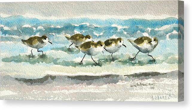 Sandpipers Canvas Print featuring the painting Scurrying along the shoreline 2 1-6-16 by Julianne Felton