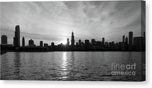 Chicago Canvas Print featuring the photograph Sunset Over Chicago Pano Grayscale by Jennifer White