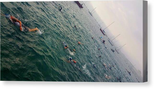 Swimming Canvas Print featuring the photograph Triathlon Race in Lake Michigan by Britten Adams