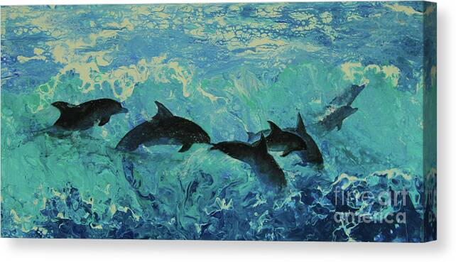Painting Canvas Print featuring the painting Dolphins Surf by Jeanette French