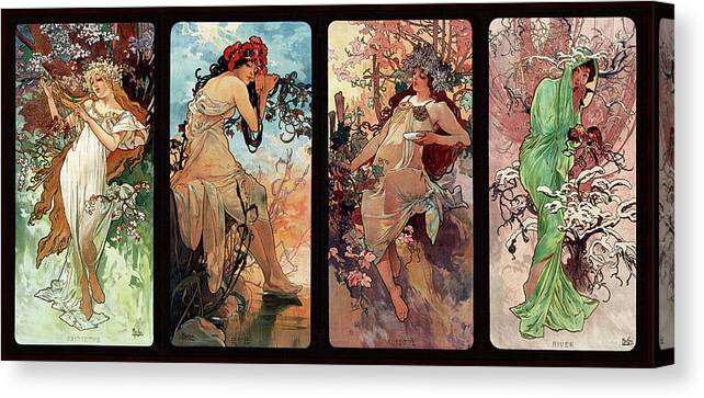 Seasons Canvas Print featuring the painting Seasons by Alphonse Mucha by Rolando Burbon