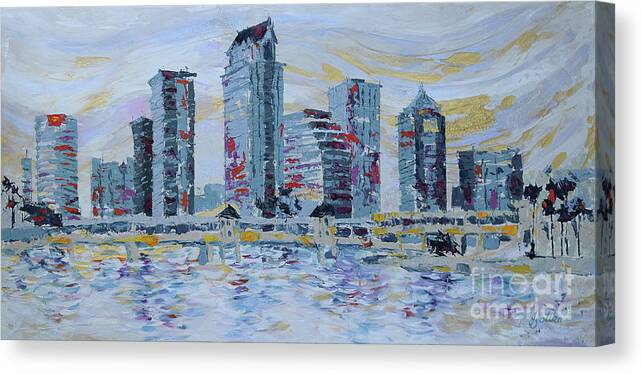 Tampa Skyline Canvas Print featuring the painting Silvery Tampa Skyline by Jyotika Shroff