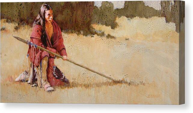Native American Man Kneeling Looking At The Ground Canvas Print featuring the painting Track by J. E. Knauf