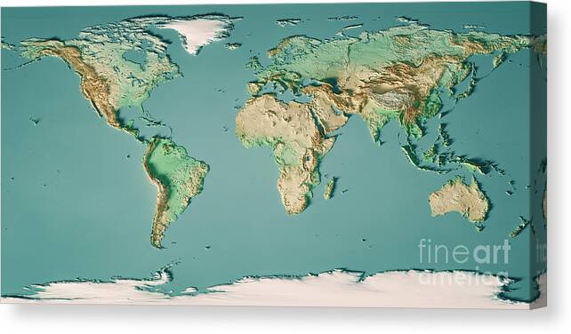 World Canvas Print featuring the digital art World Map 3D Render Topographic Map Color by Frank Ramspott