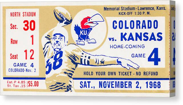 Kansas Jayhawks Canvas Print featuring the mixed media 1968 Kansas vs. Colorado by Row One Brand
