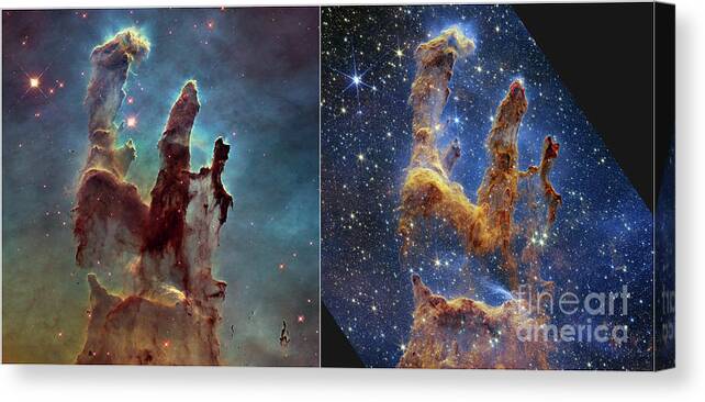 August Canvas Print featuring the photograph Pillars of Creation, JWST and Hubble images by Science Photo Library