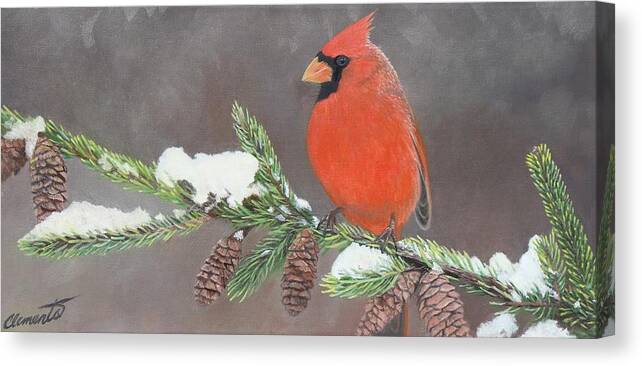 Cardinal Canvas Print featuring the painting Cardinal on a snowy branch by Barbara Barber