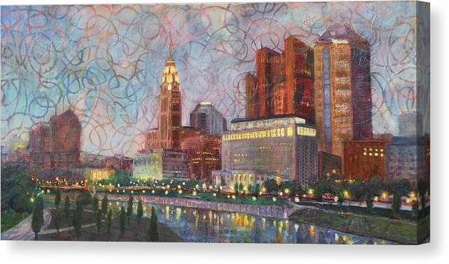 Leveque Canvas Print featuring the painting Downtown Columbus Lit Up by Robie Benve