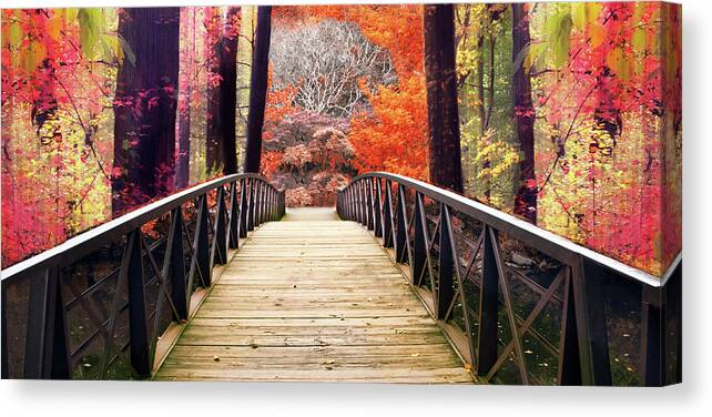 Footbridge Canvas Print featuring the photograph Enchanted Autumn Crossing by Jessica Jenney