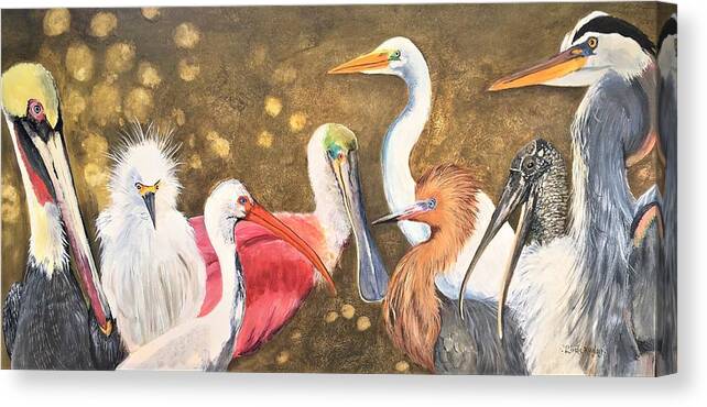 Sea Birds Painting Canvas Print featuring the painting Fine Feathered Friends by Linda Kegley