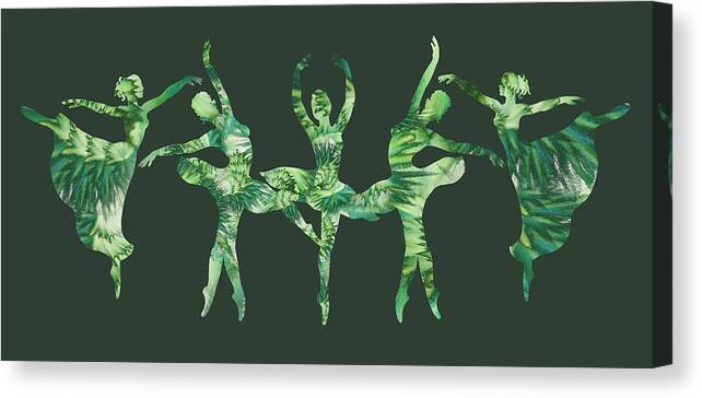 Ballerina Canvas Print featuring the painting Gorgeous Move Of Moss Green Watercolor Ballerinas Silhouette by Irina Sztukowski