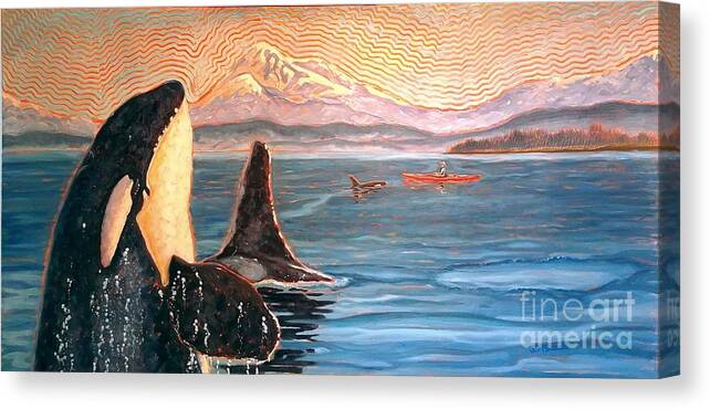 Orcas Canvas Print featuring the painting Kayak the Salish Sea by Janet McDonald